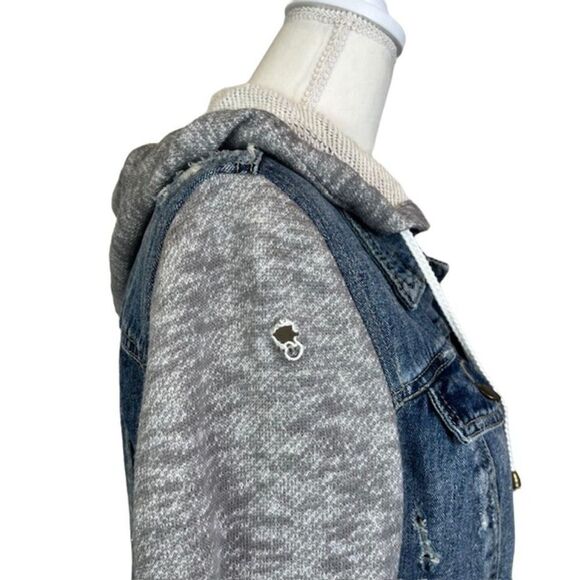 Free People Denim Knit Sleeve Hoodie Jacket Women's Size Medium - Picture 8 of 16